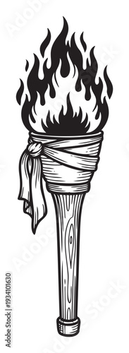 A powerful handdrawn wooden torch ablaze with dancing flames, symbolizing revolution, sport, and enlightenment, ideal for historical themed designs and ceremonial event graphics.