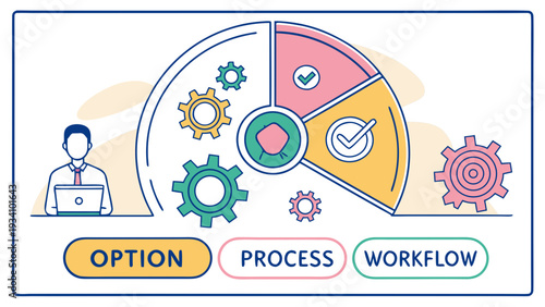 Businessman analyzing workflow process with gear icons and checklist