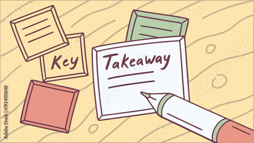 Colorful sticky notes with key takeaway and pencil writing on wooden desk