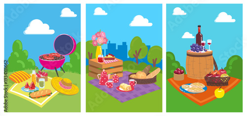 Picnic poster. Bright food. Summer feast card. Lunch outdoors. Party in park landscape. Travel in nature. Garden banquet. Spring background, outdoor summer recreation. Vector pop art banner templates