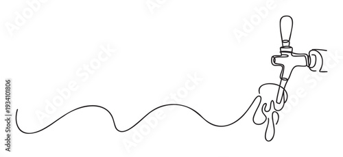 Minimalist continuous line drawing depicting a flowing beer tap, perfect for a modern brewery advertisement or a simple beverage menu graphic