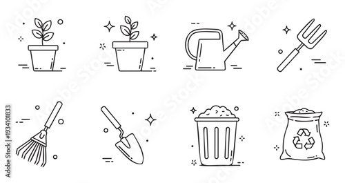 A collection of simple outline icons depicting various gardening tools, potted plants, and environmental care items perfect for web, mobile apps, or educational materials