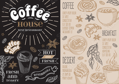 Coffee in cafe. Chalkboard menu design. Vintage food espresso template. Doodle restaurant, drink cappuccino blackboard background. Drawn on flyer. Bar poster. Vector hand drawn decorative lettering