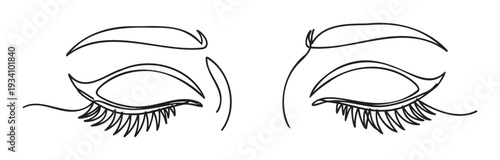 Continuous line drawing of graceful closed female eyes with delicate lashes and elegant brows perfect for beauty, spa, or fashion branding and visual identity