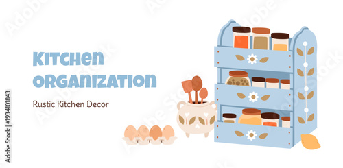 Rustic farmhouse kitchen with spice rack and storage jars. Cozy home organization concept for banner and web marketing design.
