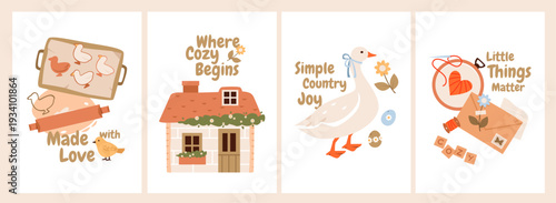 Cottagecore Poster Set with Cozy Quotes. Vintage cottage illustration with goose and baking elements. Cozy country wall art perfect for home decor and nursery prints.
