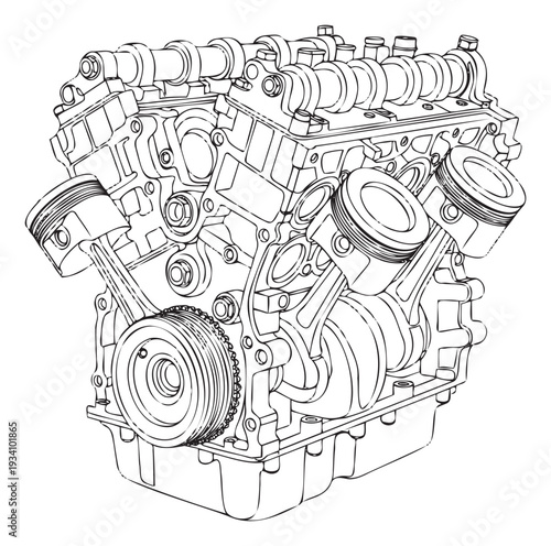Detailed line drawing of an automotive engine showcasing internal components like pistons crankshaft and camshaft perfect for engineering diagrams mechanical schematics or educational