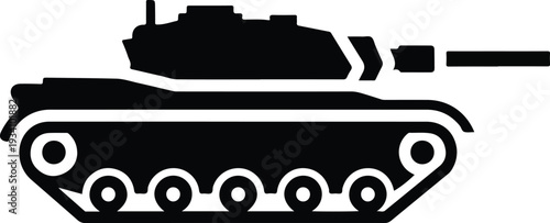 A black and white icon depicts a side view of a tank showcasing its treads turret and gun
