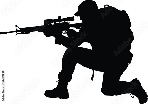 Black silhouette of a soldier in full tactical gear kneeling and aiming a scoped rifle isolated on white background for military and combat concepts (24 words)