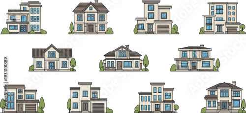 Modern Residential House Collection with Luxury Suburban Homes and Contemporary Family Buildings in Flat Vector Illustration Set