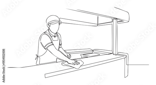 A continuous line drawing depicts a food service worker diligently wiping a counter, perfect for showcasing sanitation standards in restaurant and cafe environments.