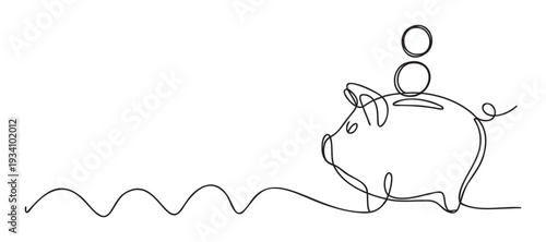 A minimalist continuous line drawing of a piggy bank with stacked coins symbolizing financial savings, investment, and economic growth for banking and business communication materials.