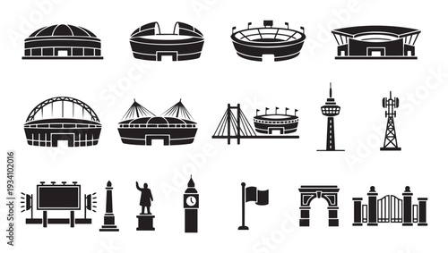 Collection of black silhouette icons depicting various modern stadiums, urban structures, and architectural landmarks suitable for infographics, travel guides, or city planning presentations
