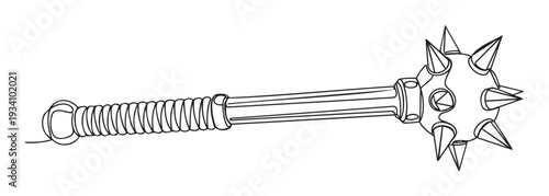 This dynamic single line drawing of a medieval spiked mace weapon is perfect for historical project assets, gaming interfaces, or educational material focusing on ancient warfare weaponry