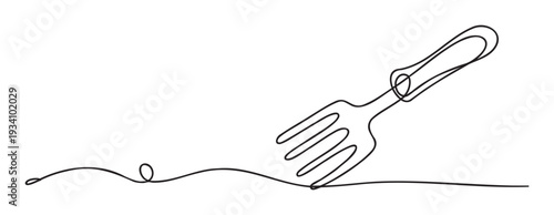A simple elegant continuous line drawing depicting a minimalist fork, ideal for modern restaurant menus, cooking blogs, kitchen branding, or dining event invitations.
