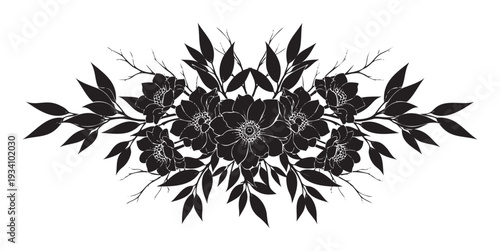 Symmetrical black floral composition showcasing delicate blossoms and leafy branches, suitable for classic ornamental borders, elegant signage, or fabric prints.