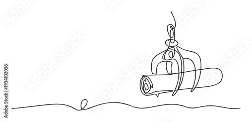 Continuous line drawing of an industrial grabber machine lifting a rolled log, representing forestry, recycling, or heavy machinery operations for technology and environmental themed