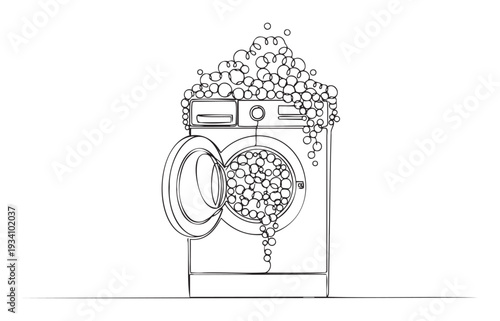A whimsical line drawing depicts a frontloading washing machine with its door open, humorously overflowing with abundant soap suds, suitable for appliance care or household cleaning product