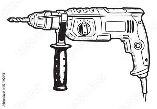 Heavy duty electric hammer drill with a spiral bit and an auxiliary handle, ideal for home renovation, professional carpentry, or construction equipment promotions.