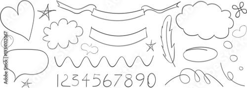 Whimsical hand drawn marker doodle set featuring speech bubbles, ribbons, stars, and numbers in a minimalist sketch style, perfect for digital planners, scrapbooks, and creative stationery.