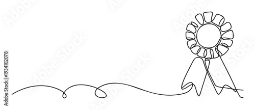 Continuous single line drawing of a rosette award ribbon symbolizing achievement and success, perfect for graphic design projects, certificates, or celebratory event branding