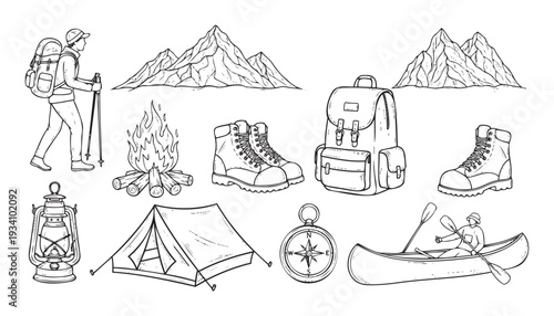 Monochrome line drawing of outdoor adventure essentials featuring a hiker mountains campfire tent lantern compass and canoe for nature exploration themed graphic materials
