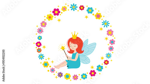 Adorable little fairy princess with red hair and a magic wand sitting inside a colorful circular flower and star wreath.