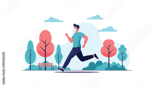 Active man wearing a medical face mask jogging through a stylized park with colorful trees and clouds in modern flat design.