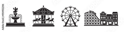 Amusement park attractions and public square landmarks in a set of black silhouettes perfect for travel guides, tourism promotions, or graphic design projects