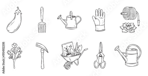 Comprehensive collection of essential gardening tools and fresh organic produce, perfect for agricultural blogs, garden store advertisements, and naturethemed educational content.