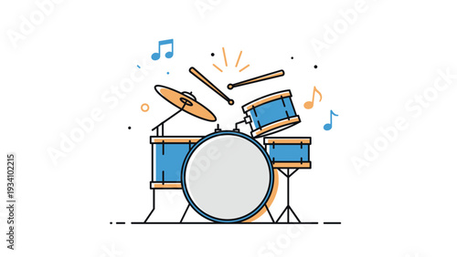 Professional blue drum set illustration with flying drumsticks and colorful musical notes on a clean background.