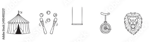 Hand drawn circus elements featuring a big top tent juggling equipment a trapeze a unicycle and a roaring lion perfect for show branding and entertainment themed projects