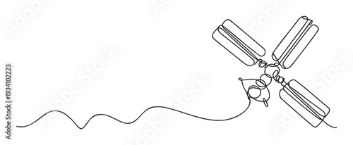 Minimalist continuous line drawing of a stylized satellite or drone, representing advanced technology and global communication, ideal for science, future, or digital media projects.