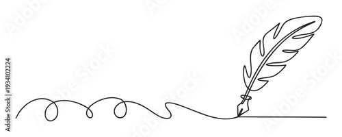 A continuous single line drawing depicts a classic quill pen actively writing a flowing, expressive line, ideal for symbolizing communication, authorship, education, or historical literary