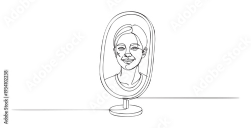 A continuous line drawing depicting a smiling womans reflection in a standing mirror, perfect for illustrating selfcare, confidence, personal growth, or beauty themes in various media