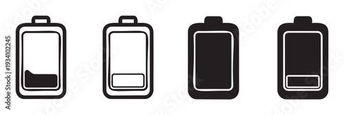 Low battery power charge status indicator icons for user interface and mobile application warning displaying critical energy level for device electronics and technology alerts