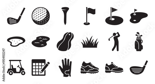 A comprehensive collection of essential golf equipment and course elements depicted as minimalist black glyphs, perfect for sports apps, club branding, or instructional materials related to