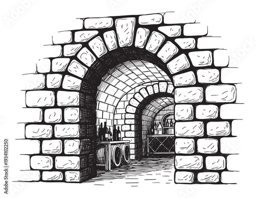 Hand drawn illustration of a deep stone cellar with arched vaults and wine bottles, perfect for beverage industry marketing materials or historical themed publications.