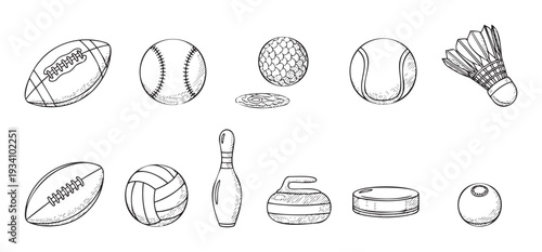 Hand drawn collection of sports equipment and games items perfect for athletic lifestyle blogs fitness related graphic projects and competitive sport event promotions