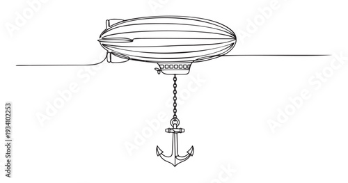 Single continuous line drawing of a classic blimp tethered to a ship anchor by a chain, embodying concepts of stability, ambition, and imaginative travel perfect for modern visual media