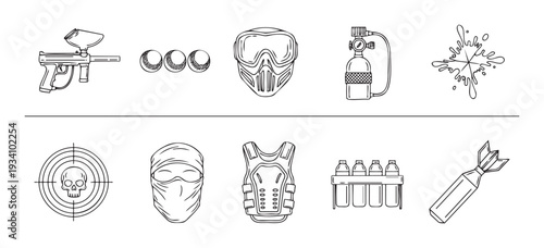 Paintball game equipment and accessories outline icon collection for extreme sport recreation and competitive activity graphic resources