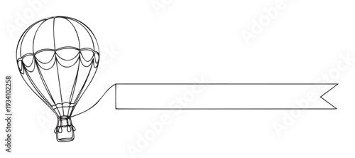 A minimalist continuous line drawing of a hot air balloon with an empty flowing ribbon, perfect for conveying messages or creating event invitations.