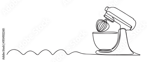 Continuous line drawing of a modern stand mixer with a bowl and whisk, perfect for food blogs, recipe websites, and kitchenrelated branding applications.