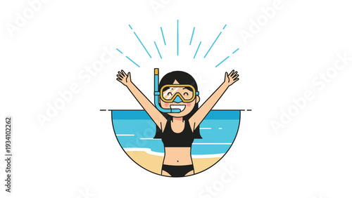 Excited young girl in black swimsuit wearing snorkeling gear with her arms raised on a sunny tropical beach.
