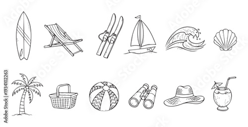 Comprehensive collection of handdrawn summer vacation and beach leisure items perfect for travelthemed graphics, holiday promotions, and seasonal website layouts