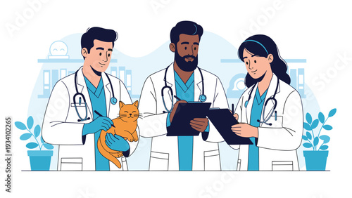 Diverse team of veterinary professionals in medical uniforms examining a domestic orange cat and taking notes.