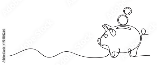 Minimalist continuous line drawing depicting a piggy bank with stacked coins symbolizing financial savings and investment for personal wealth growth and economic stability applications.