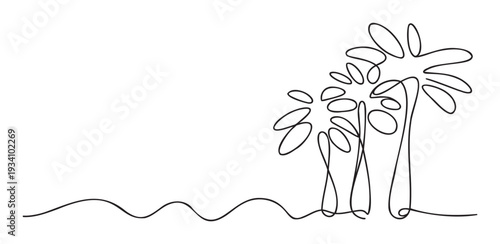 Simple continuous line drawing of two tropical palm trees on a wavy ground perfect for travel promotions vacation advertisements or simple beach themed branding