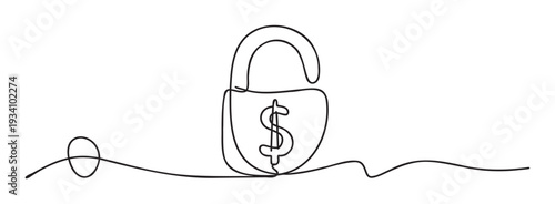 Continuous one line drawing of a padlock with a dollar sign symbolizing financial security and money protection, perfect for finance, business, or investmentrelated graphic needs.