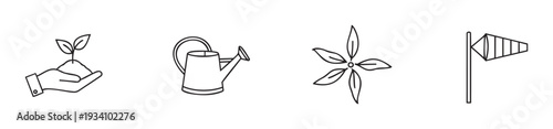A collection of simple line icons representing gardening tools, nature elements, and weather indicators, suitable for various digital and print applications needing clear graphic symbols.